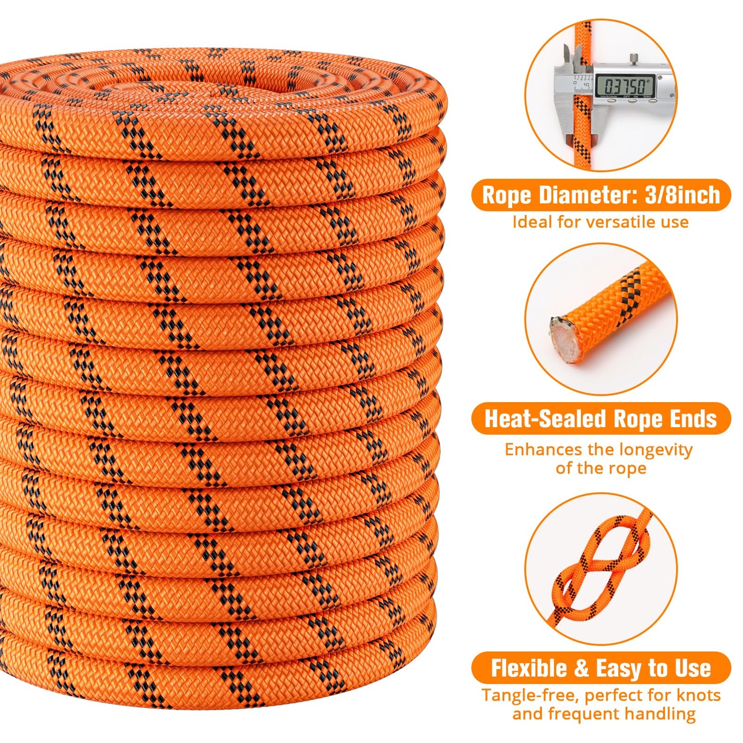 Double Braided Arborist Rigging Rope - 3/8 in X 100 ft 48 Strands Rappelling Outdoor Pulling Heavy Duty Polyester Bull Rope for Swing Tree Work Camping Rescue Hiking - Orange
