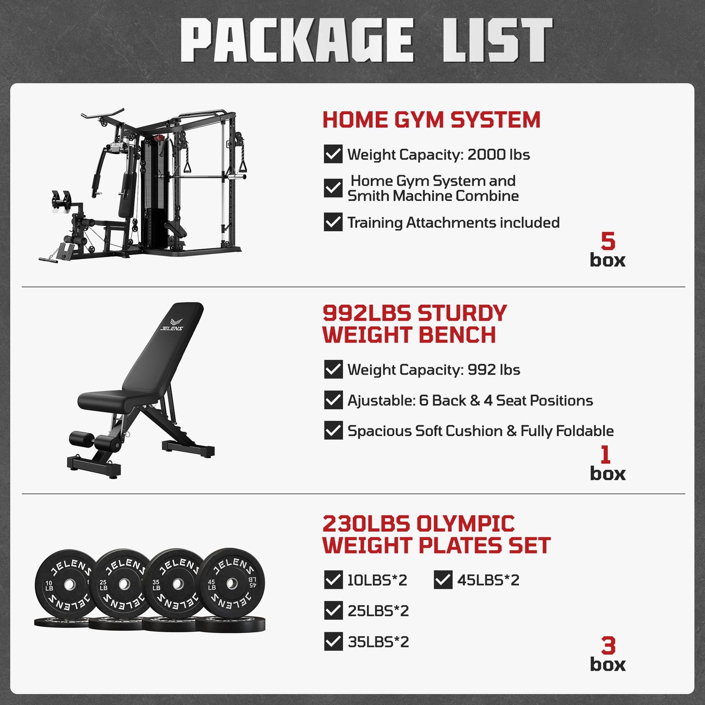 JELENS Home Gym System, 150LB Weight Stack Smith Machine with LAT Pull-Down & Leg Press, All-in-One Strength Training Equipment, Workout Station for Workout (Black, 230LBS Black Weights Package)