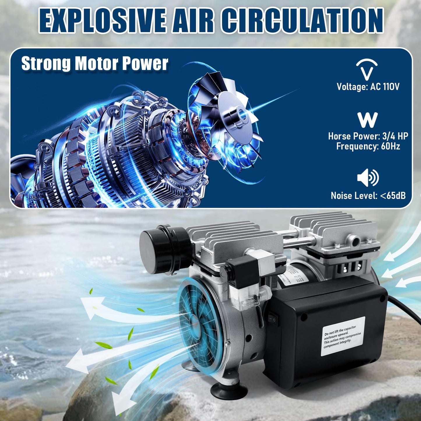 Pond Aerator, 550W 3/4 HP Air Compressor with Timer & Valves, 5.2 CFM for Up to 3 Acre 50ft Deep Lake, Outdoor Pond Oxygen Circulation System