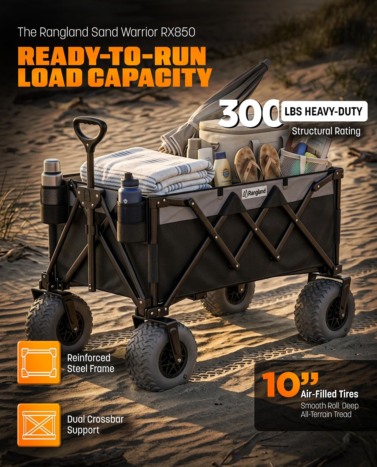 Beach Wagon with Heavy-Duty 10" Air Tires - All Terrain Folding Card with Big Wheels for Sand and Gravel - 300 LB. Capacity (Black/Gray)