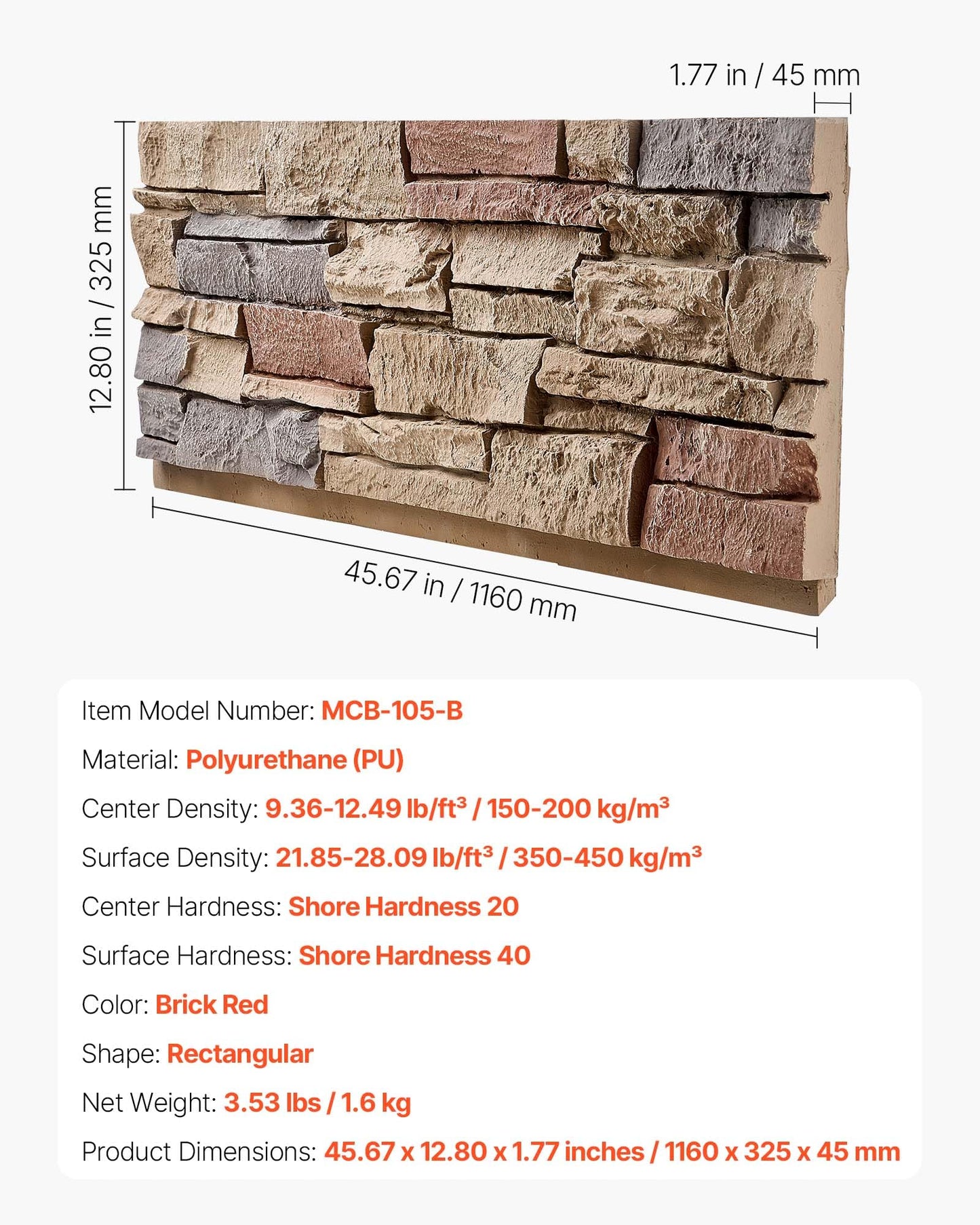 VEVOR Faux Stacked Stone Panel, 45.6 x 12.8 in Artificial Stone Wall Panels, High-Density PU Stones Siding Panel, Easy to Cut, Rock Panels for Interior and Exterior Decorations, Brick Red