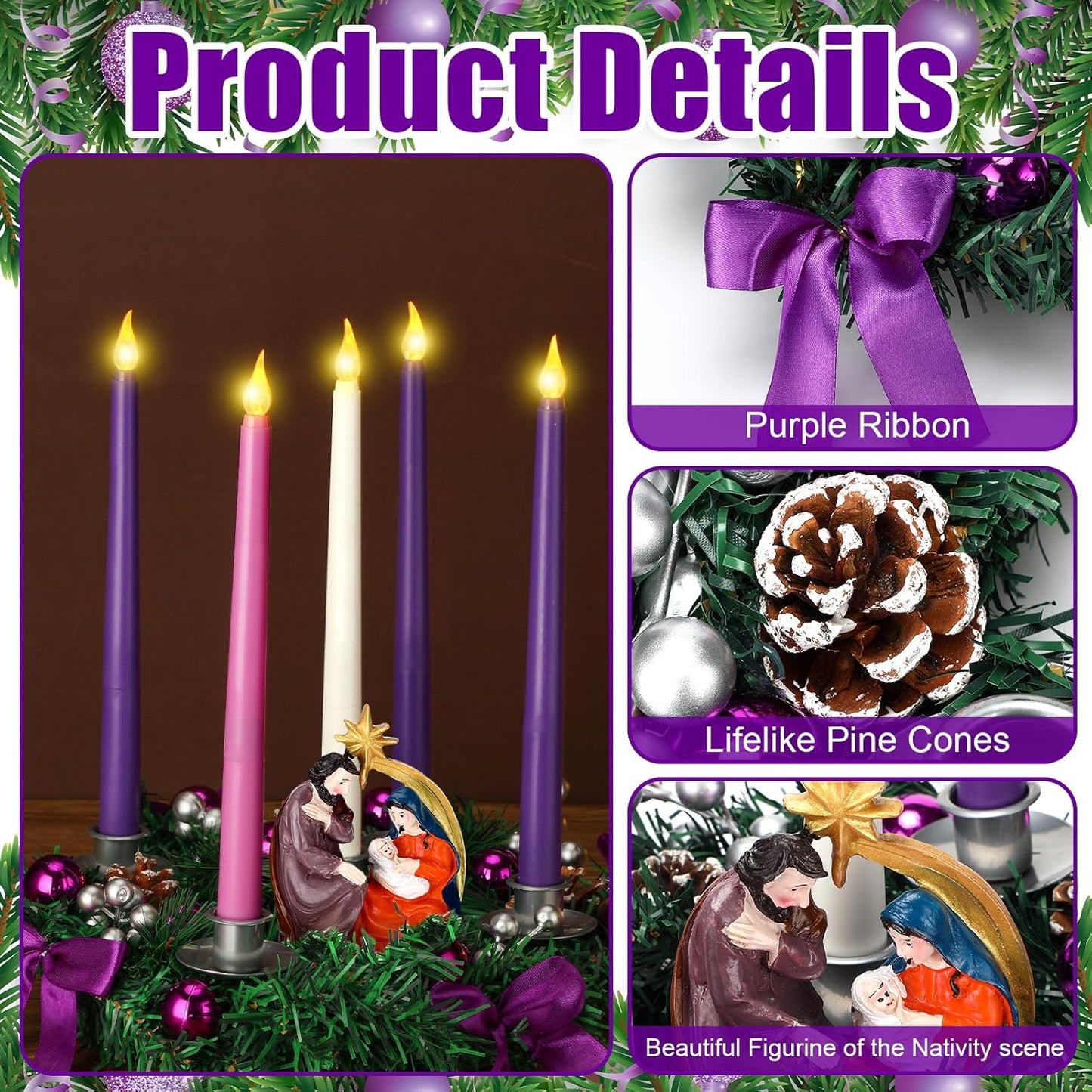 Tioncy 12-Inch Christmas Advent Wreath - Flameless Candle Holder with Remote Control & Berries Decor