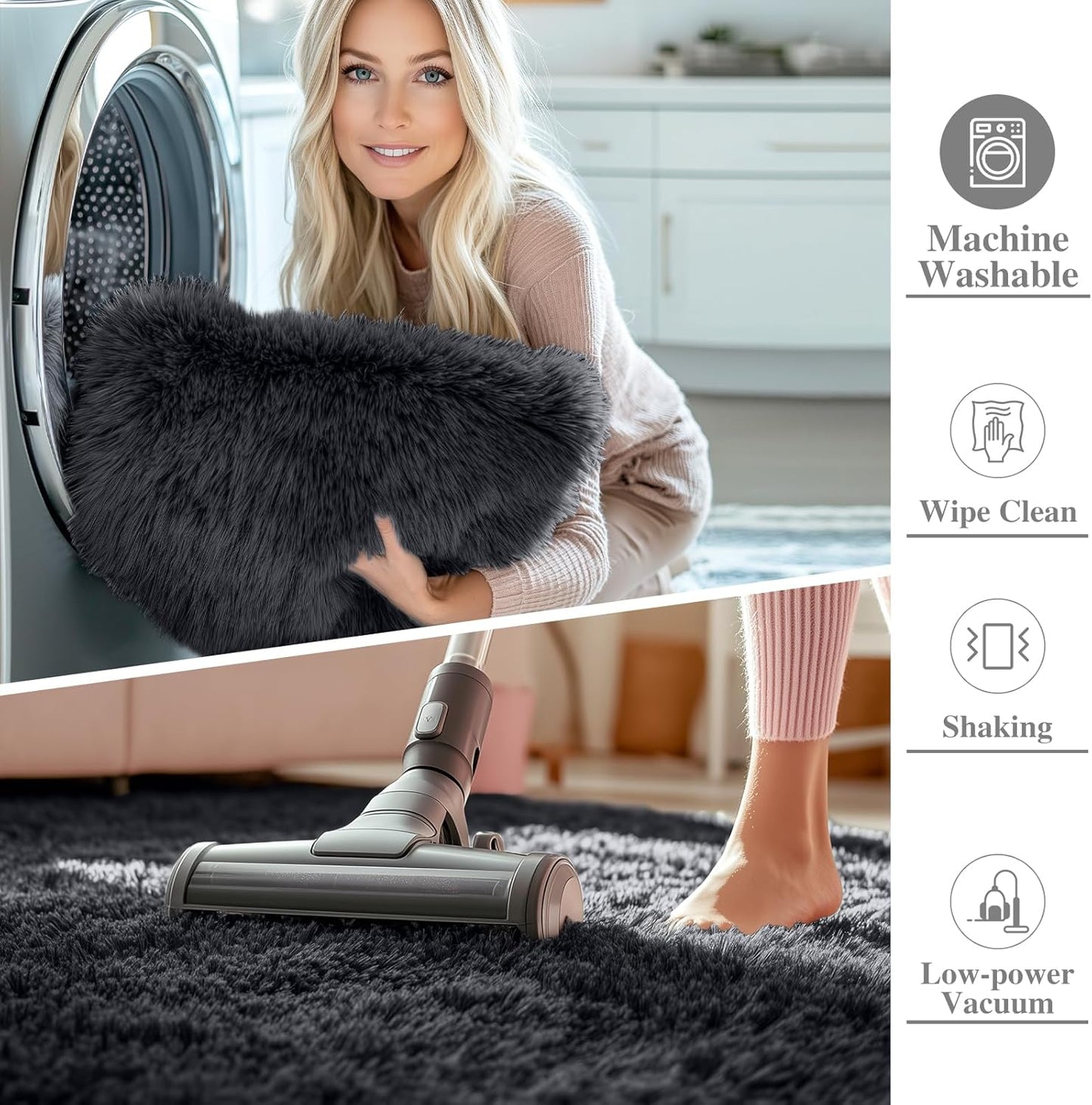 OLANLY Soft Fluffy Shaggy Bedside Rug - Machine Washable 3x3 ft | Ideal for Bedroom & Nursery Decor - Black