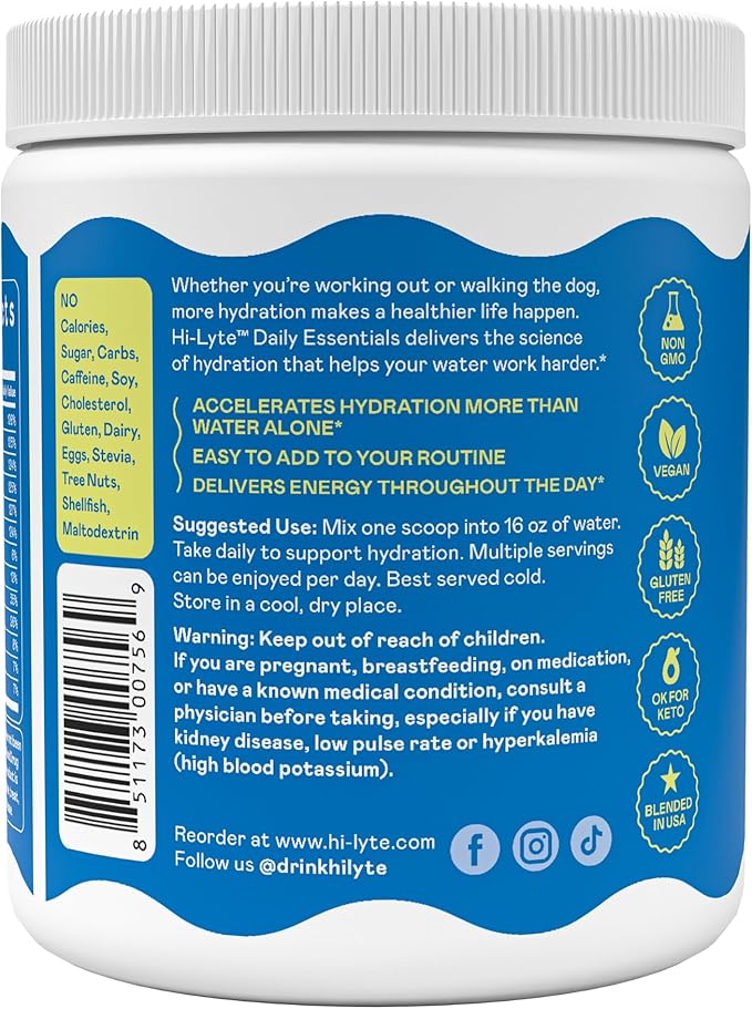 Hi-Lyte Daily Essentials Electrolytes Powder Mix Unflavored, 90 Servings