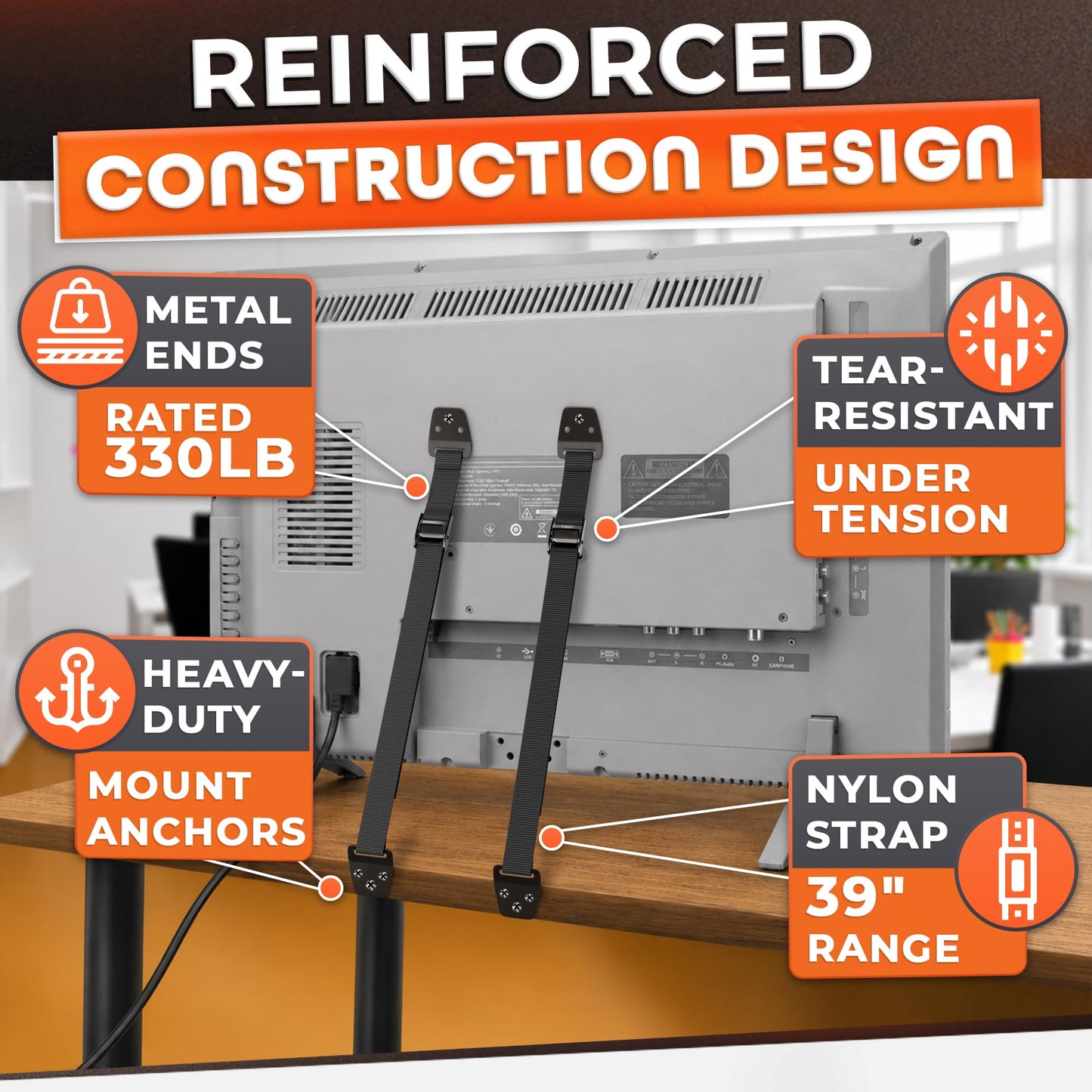 TV Straps Safety for Flat Screen - Anti-Tip TV Safety Straps for Furniture Anchoring, Easy to Setup and Hold-Up to 330 lbs, Adjustable 19"-39" Length Flexible Nylon, Wear-Resistant