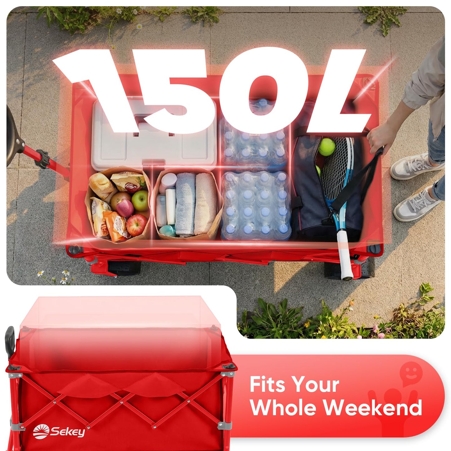 Sekey 150L Wagons Carts Foldable with Big All-Terrian Beach Wheels, Collapsible Heavy Duty Wagon, Extra Large Folding Wagon, Foldable Wagon for Camping, Garden, Sports. Red