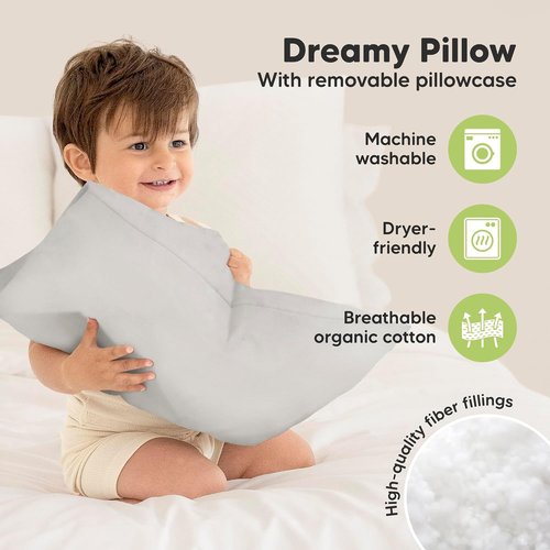My Little Dreamy Toddler Pillow - Organic Cotton Travel Bed Pillow with Pillowcase | Soft & Breathable, 13x18 Inches, French Gray for Ages 2-5