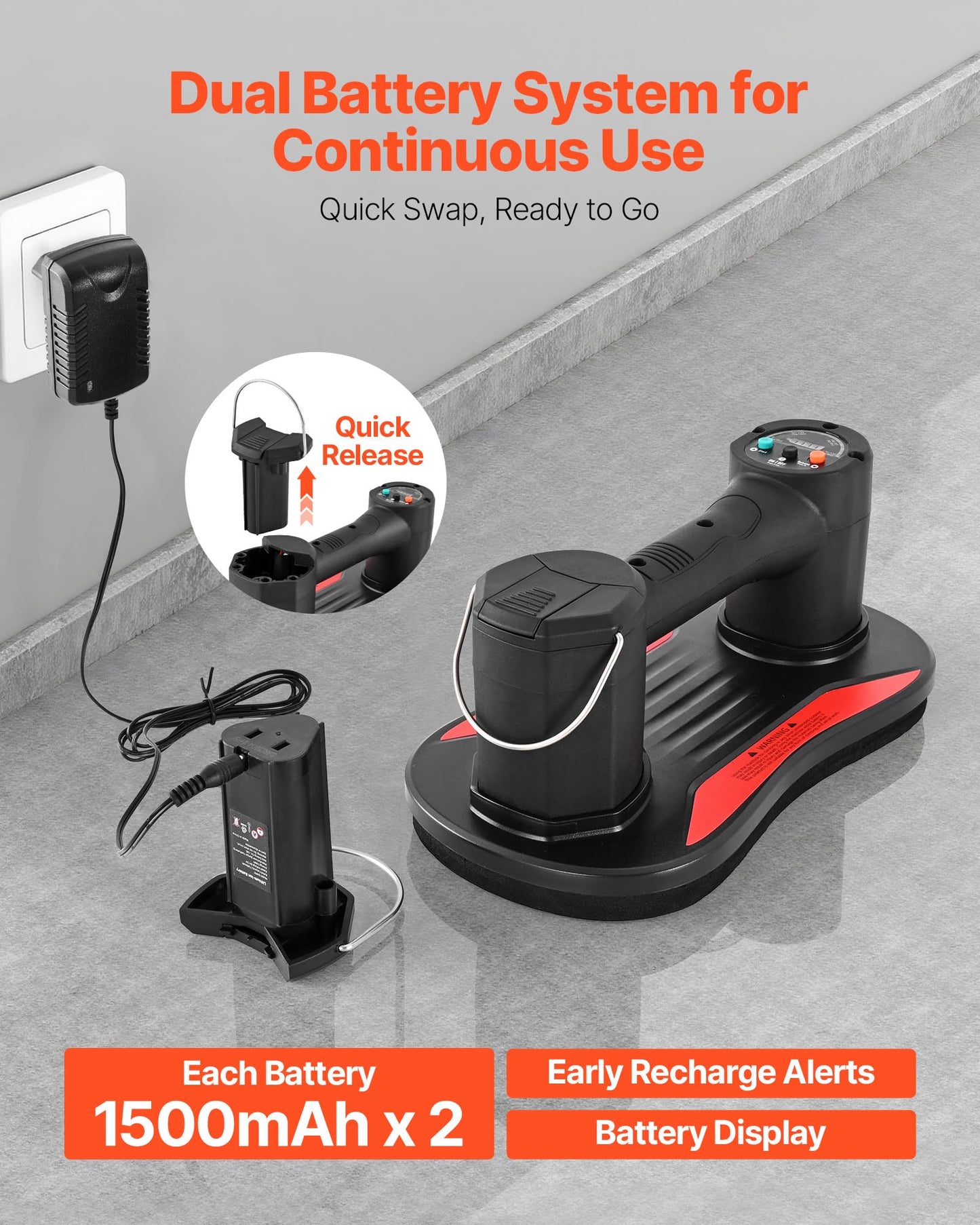 VEVOR Electric Vacuum Suction Cup, 375 lbs Max Lifting Capacity, Vacuum Glass Lifter with Digital Display, Heavy Duty Tile Suction Cup Tool for Lifting Tile, Granite, Wood, Paver, Drywall, Windows
