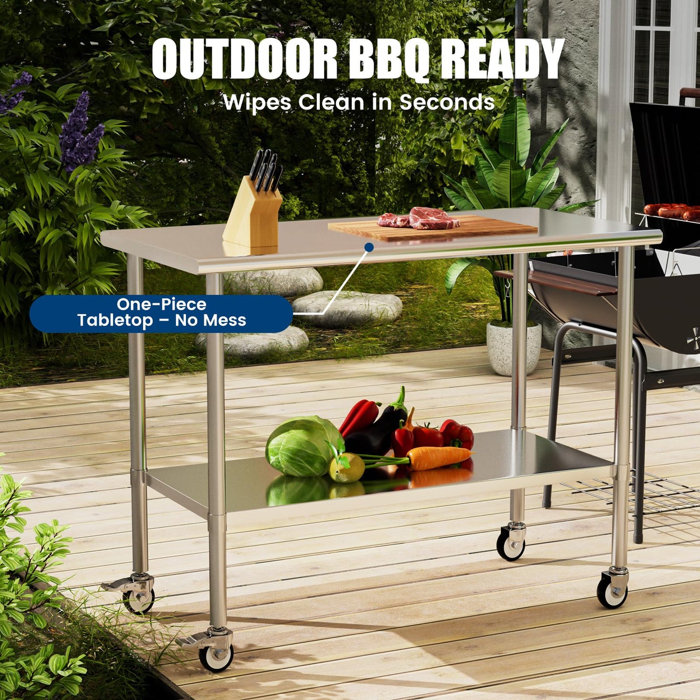 Chingoo Stainless Steel Work Table with Wheels, 24x60 Inch NSF Kitchen Prep Table with Adjustable Undershelf for Commercial Restaurant, Garage, Outdoor BBQ
