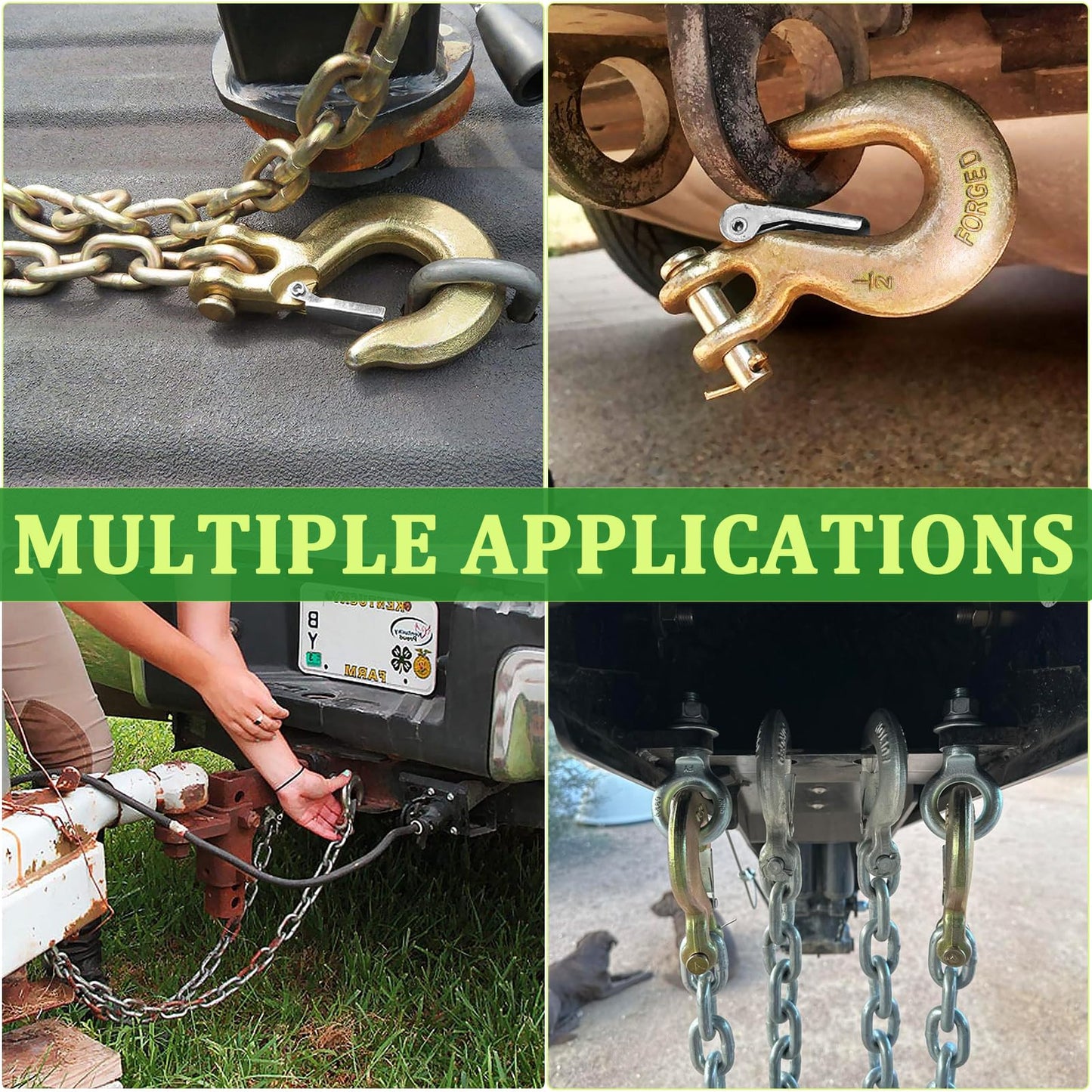 3/8" Heavy Duty Slip Hook, 4 PackGrade 70 Forged Steel Clevis Chain Hook with Safety Latch for Trailer Truck Transport Chain, 18,000 Lbs Working Load Limit, Trailer Safety Hooks, Tow Hook