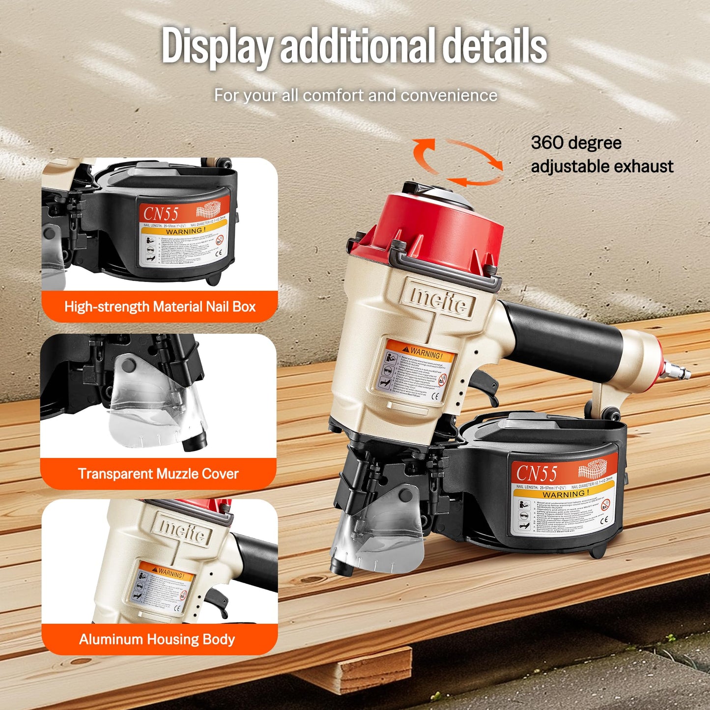 meite CN55 Pneumatic Coil Nailer with 15 Degree Siding Nails 2" × .099'' - Air Coil Nail Gun with 400PCS Magazine, 360° Adjustable Exhaust for Framing Sheathing Pallets Hardwood Projects