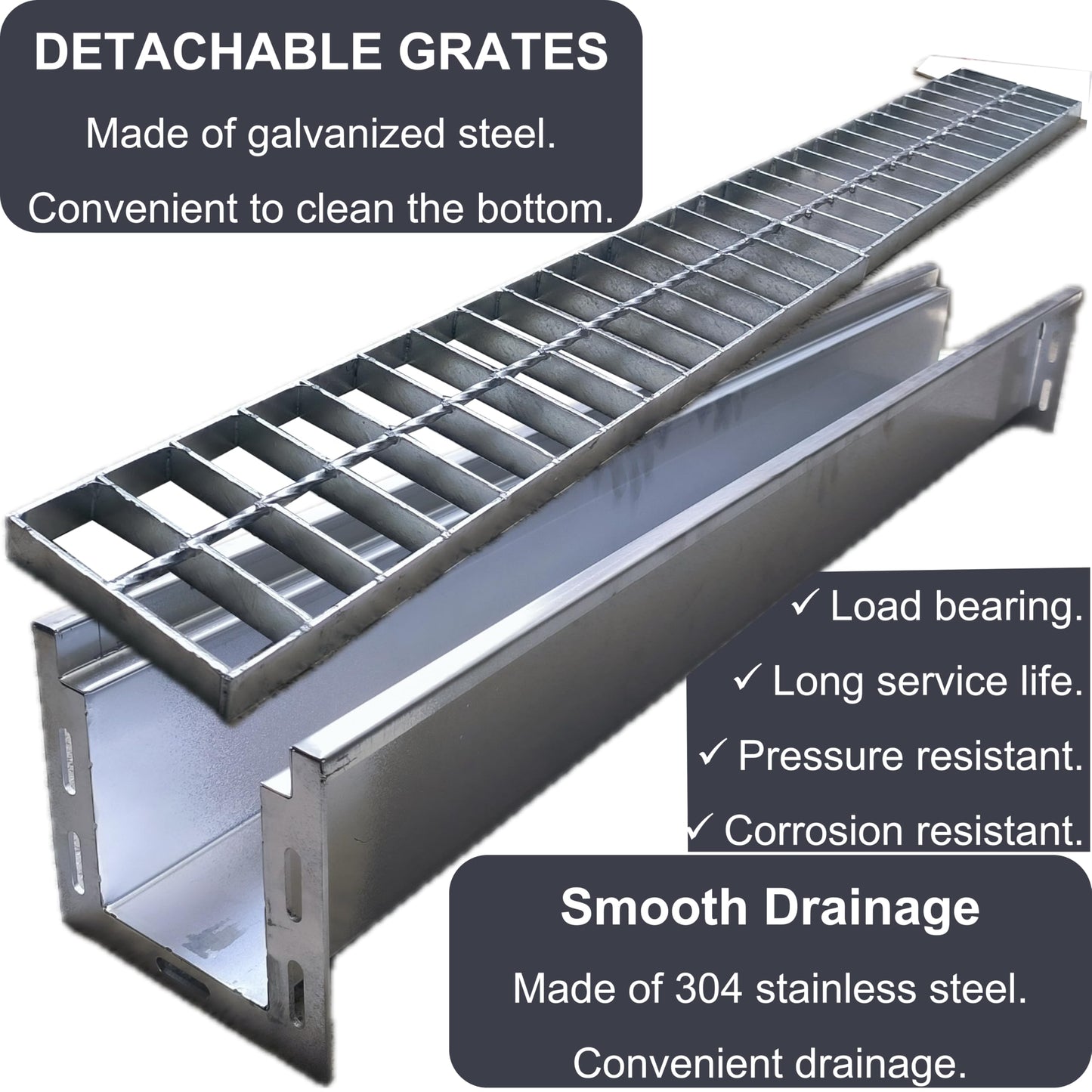 MASSLUNT 304 Stainless Steel Channel Drain with Galvanized Steel Grate 39.4x5.9x5.5 in, B-Class 28100 lbs Heavy-Duty Drain Kit for 3" Pipe, Trench Drainage System for Outdoor, Driveway, Garage, Yard