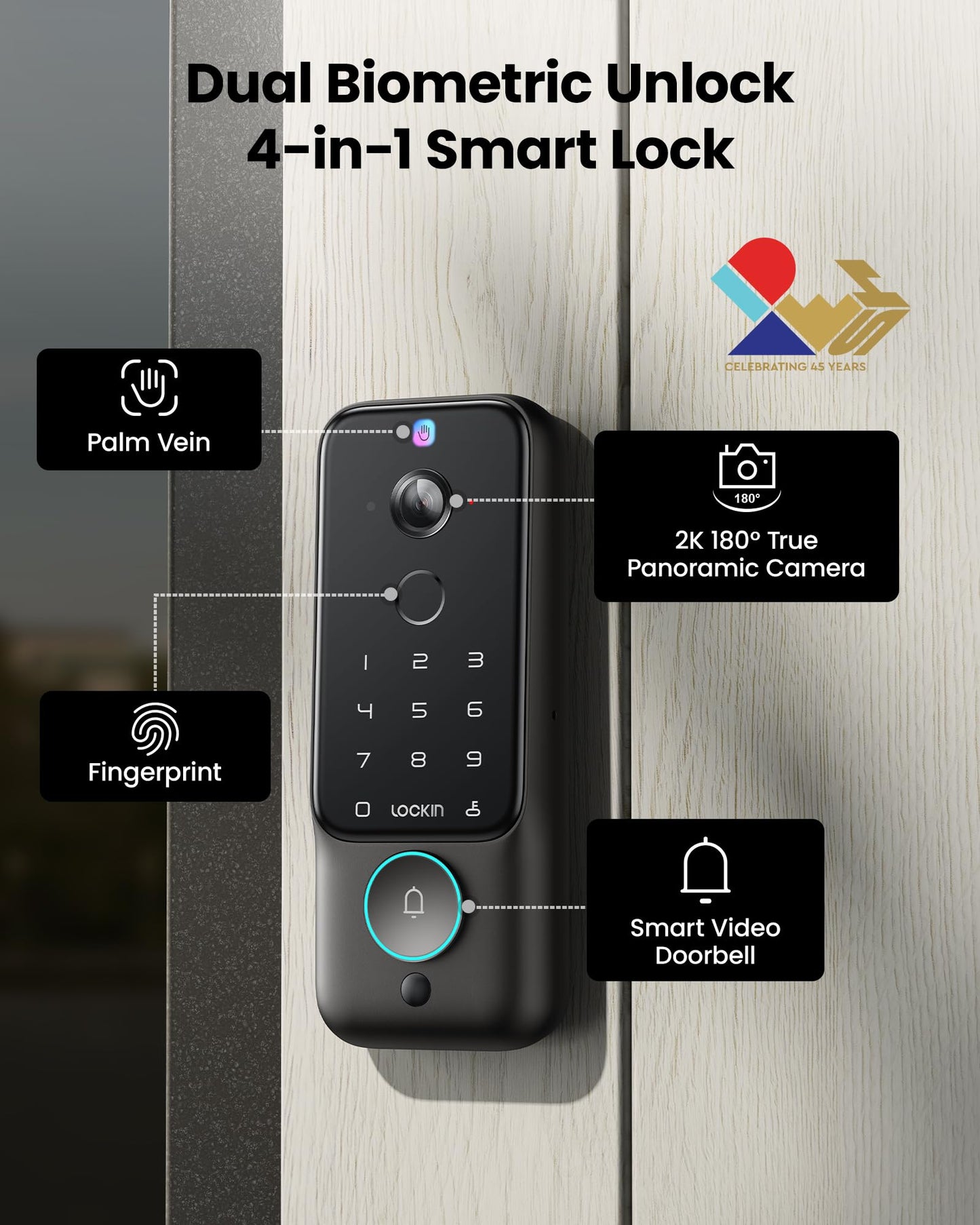 Lockin Veno Plus Video Smart Lock with Camera 2K 180°, Keyless Entry Door Lock for Front Door, Palm Vein & Fingerprint Biometric Access, Built-in Wi-Fi, 8GB Storage, No Monthly Fees