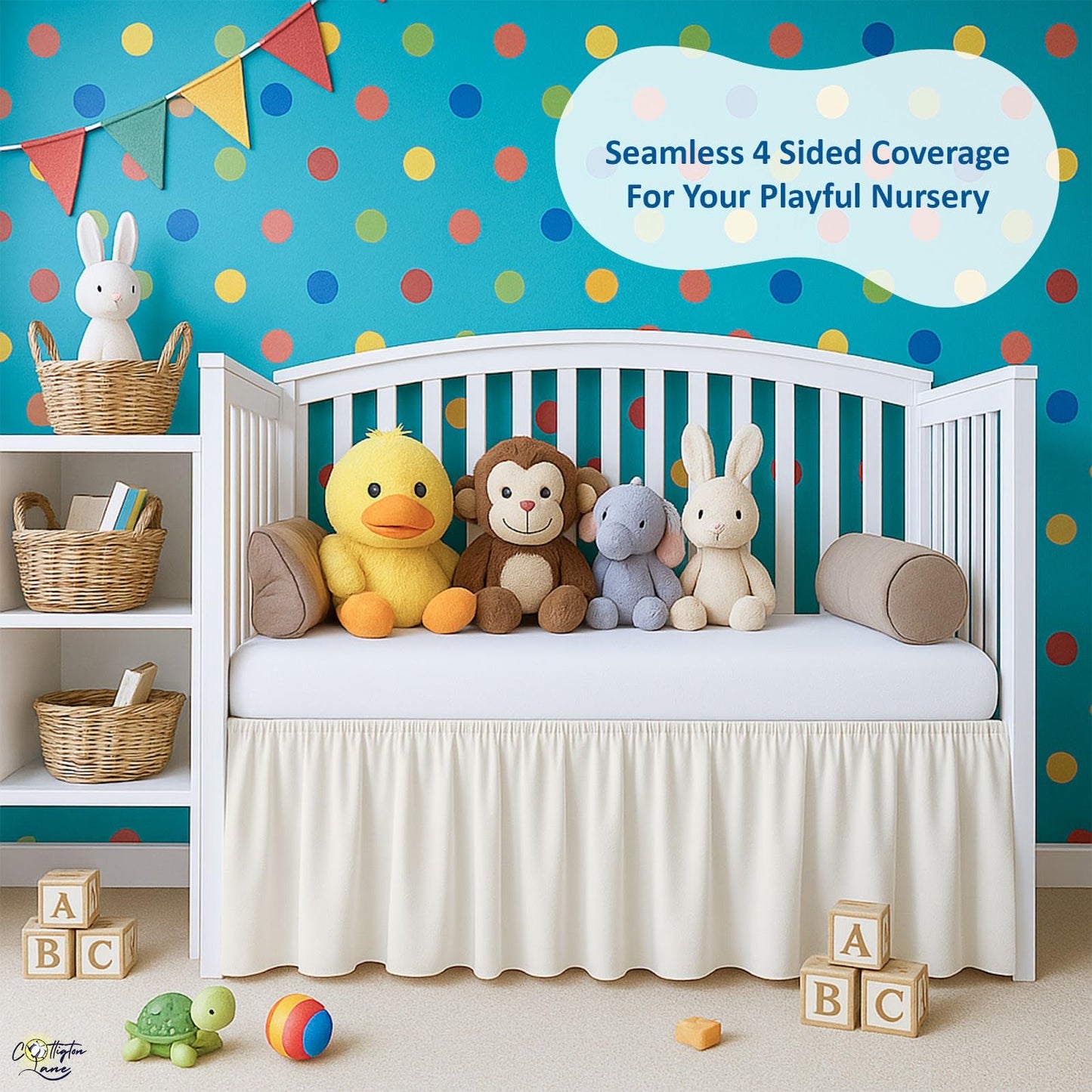 Cottington Lane Ivory Crib Skirt Dust Ruffle, Soft & Durable Nursery Crib Toddler Bedding Skirt for Baby Girls or Boys, Fits Standard Cribs 28" x 52" with 14" Drop, Classic Ruffled Design