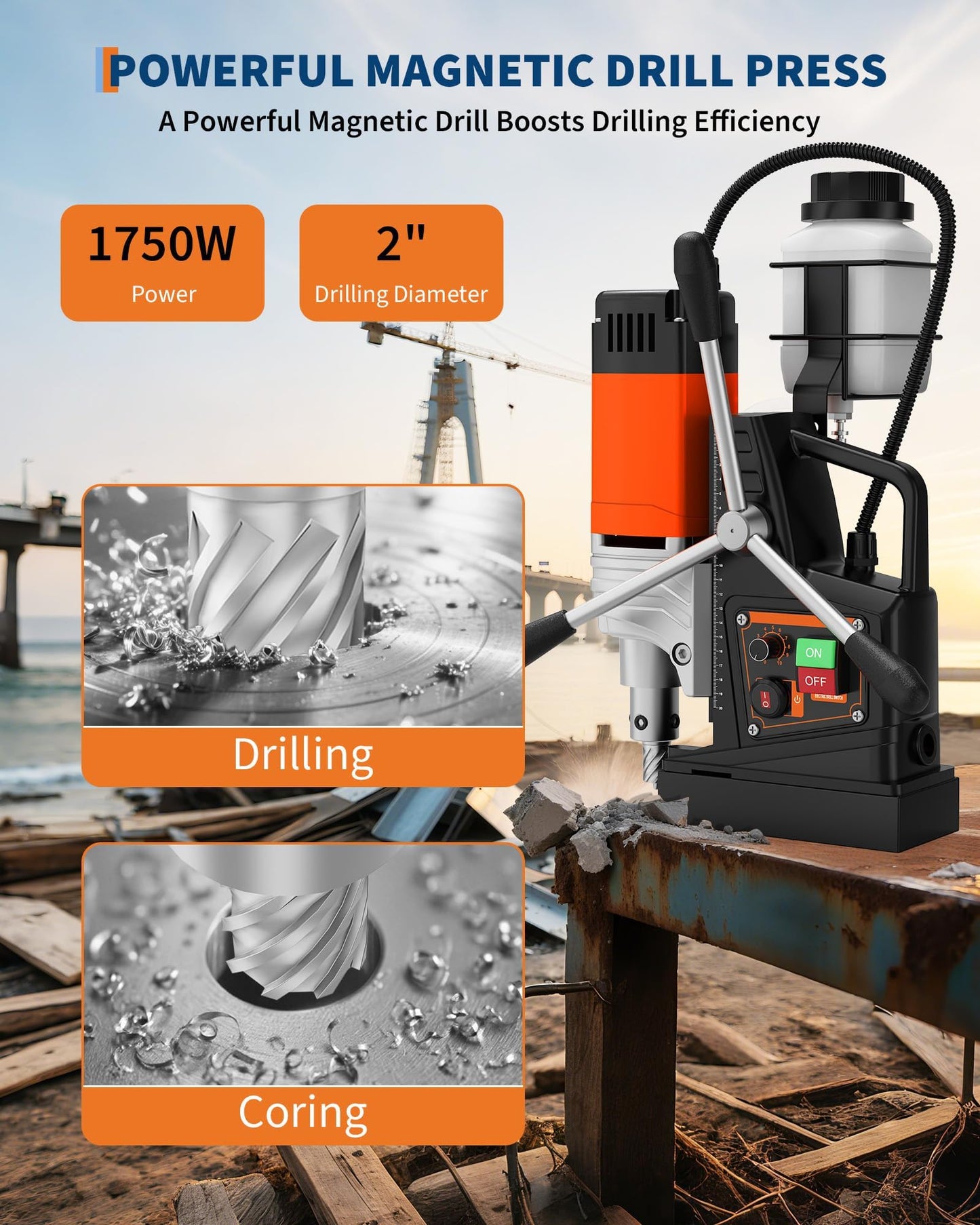 EliteEdge Magnetic Drill, 1750W 2" Boring Diameter, 2922Lbf Power Portable Magnetic, 810 PRM, 10-Speed，with 10Pcs Drill Bits 3Pcs Twist Drill and 1Pcs Plastic Box for Metal Surface, Industrial
