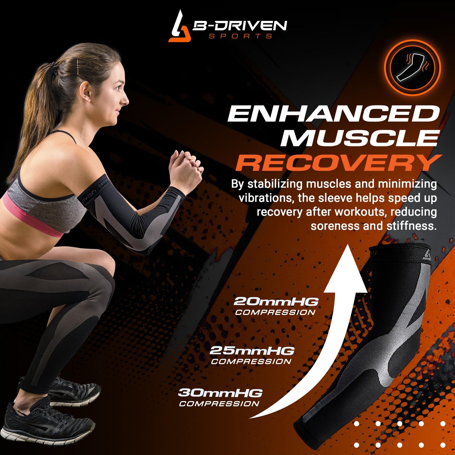 B-Driven Sports Enhanced Compression Sleeves - Arm Sleeves for Men & Women with Medical Grade Compression 20-30 mmHg for Basketball, Baseball, Football, Volleyball, Weightlifting, Golf, Running - Pair