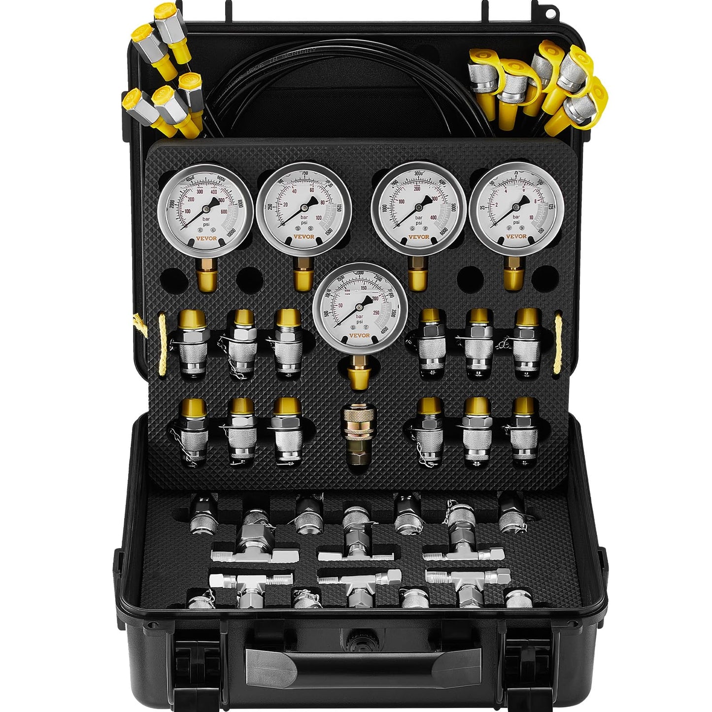 VEVOR Hydraulic Pressure Test Kit, 10/100/250/400/600bar, 5 Gauges 13 Test Couplings 14 Tee Connectors 5 Test Hoses, Hydraulic Gauge Kit with Sturdy Carrying Case, for Excavator Construction Machinery