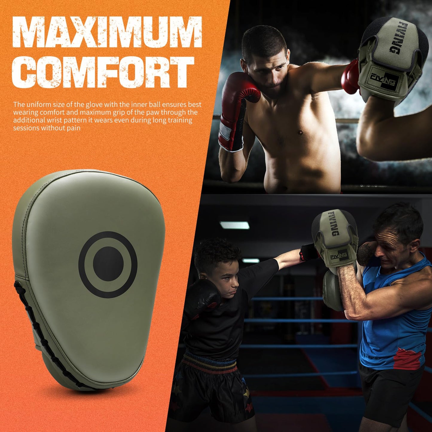 Boxing Pads for Men, Women, & Kids, Leather Focus Mitts for Martial Arts, Boxing Training, Curved Punch Mitts for Karate, Kickboxing,Muay Thai, Taekwondo Olive Green