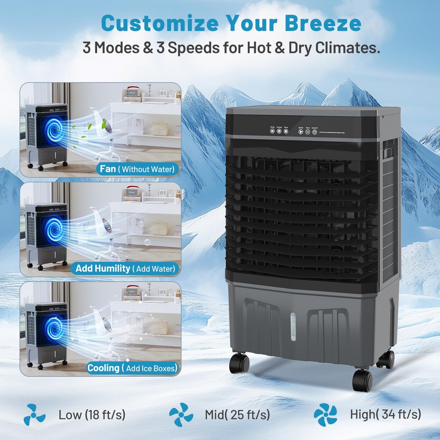 Auertech 5.3 Gal Swamp Cooler, 1800 CFM Evaporative Air Cooler with Water Tank & 4 Ice Packs, Evaporative Cooler with 12H Timer, 120°Oscillation, Portable Cooling Fan for Bedroom Home Office Garage