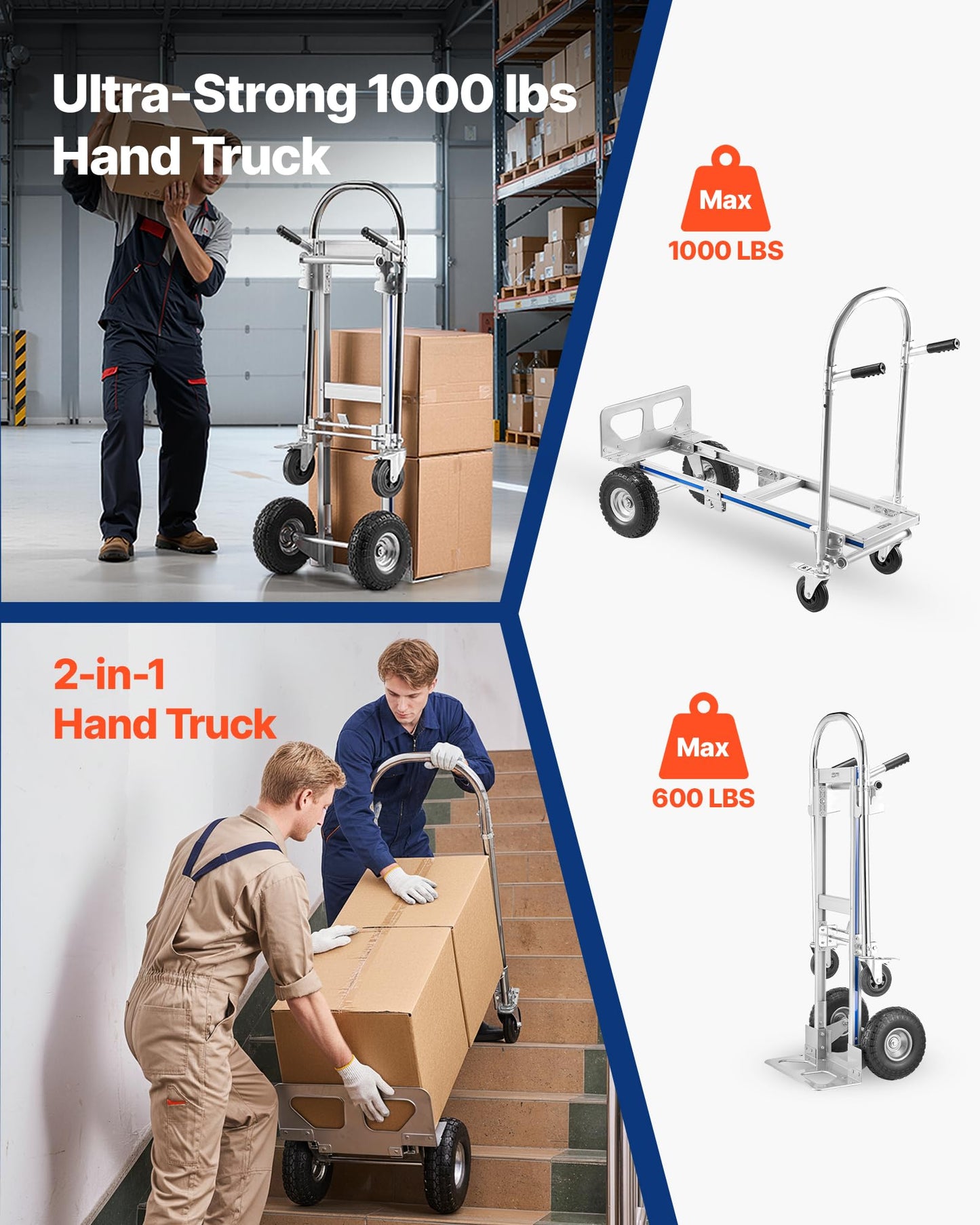 VEVOR 2 in 1 Hand Truck, 1000 lbs Load Capacity for 4-Wheel Mode, Convertible Hand Truck Dolly with Non-Slip Handle & Wheels, Portable Trolley Dolly for Moving Home, Office, Warehouse, Supermarket
