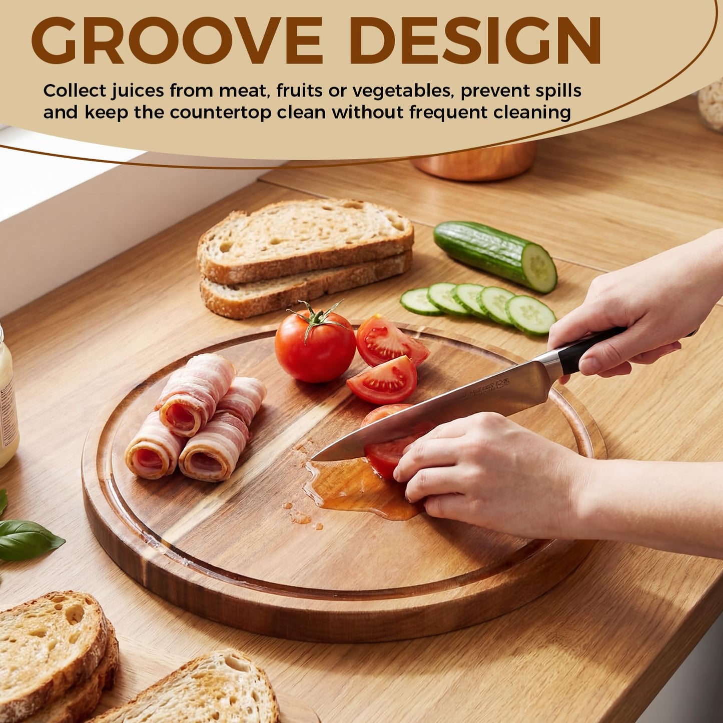 Patelai 10 Pcs Round Wood Cutting Boards Bulk 14 Inch Acacia Wooden Charcuterie Boards 0.6 Inch Thick with Juice Groove Bread Pizza Meat Fruit Cheese Vegetable Chopping Cutting Kitchen Serving Tray