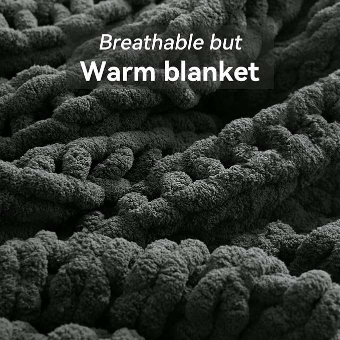 Negwoo Chunky Knit Throw Blanket, 50''*60'' Knitted Throw Chenille Yarn for Bed Couch, Handmade Dark Grey Crochet Big Thick Blanket, Machine Washable Cute Comfy Blanket for Home Decor