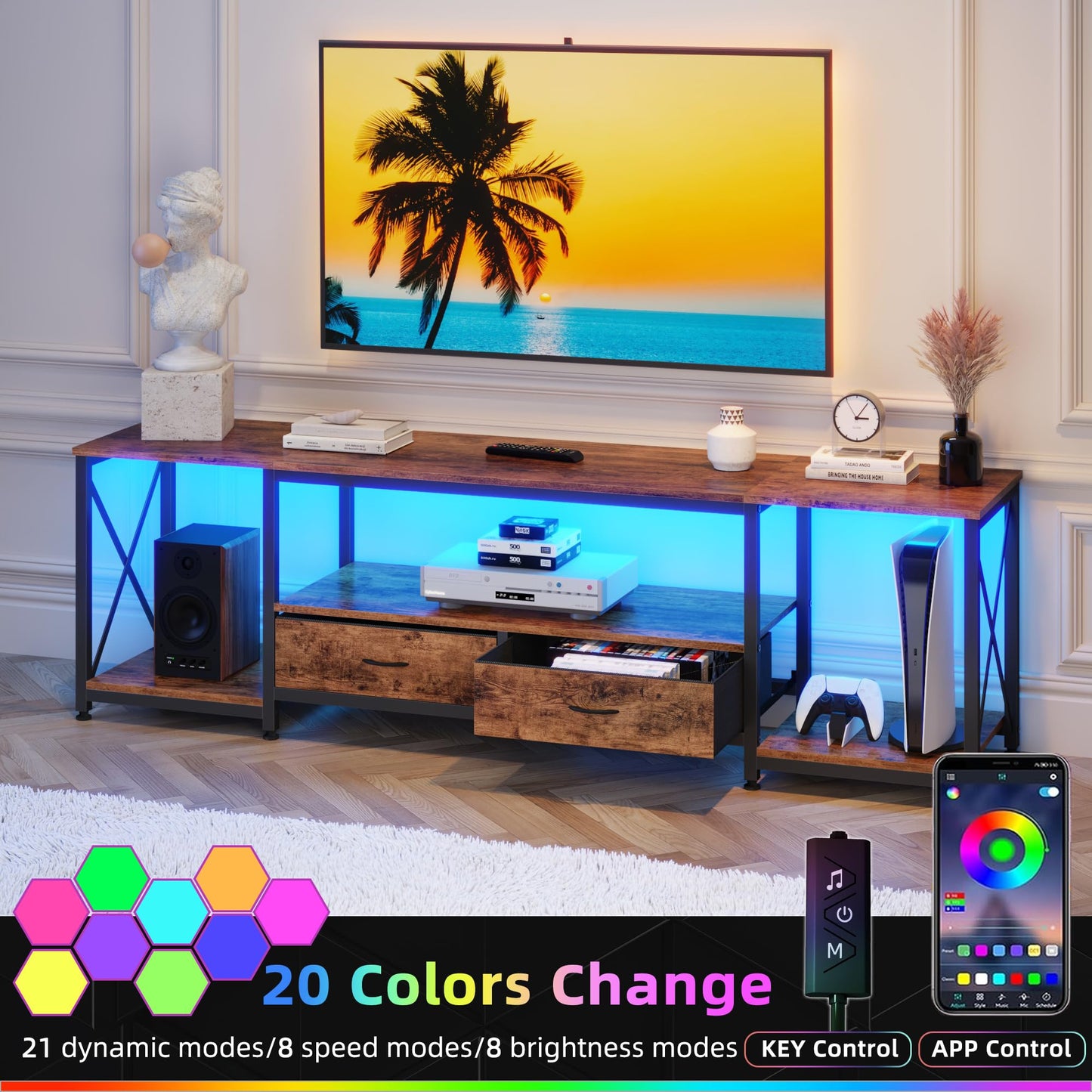 GYIIYUO TV Stand with Fabric Drawers - Entertainment Center and Industrial Console Table with Open Storage Shelves for Living Room, Bedroom - 71.5" Rustic Brown