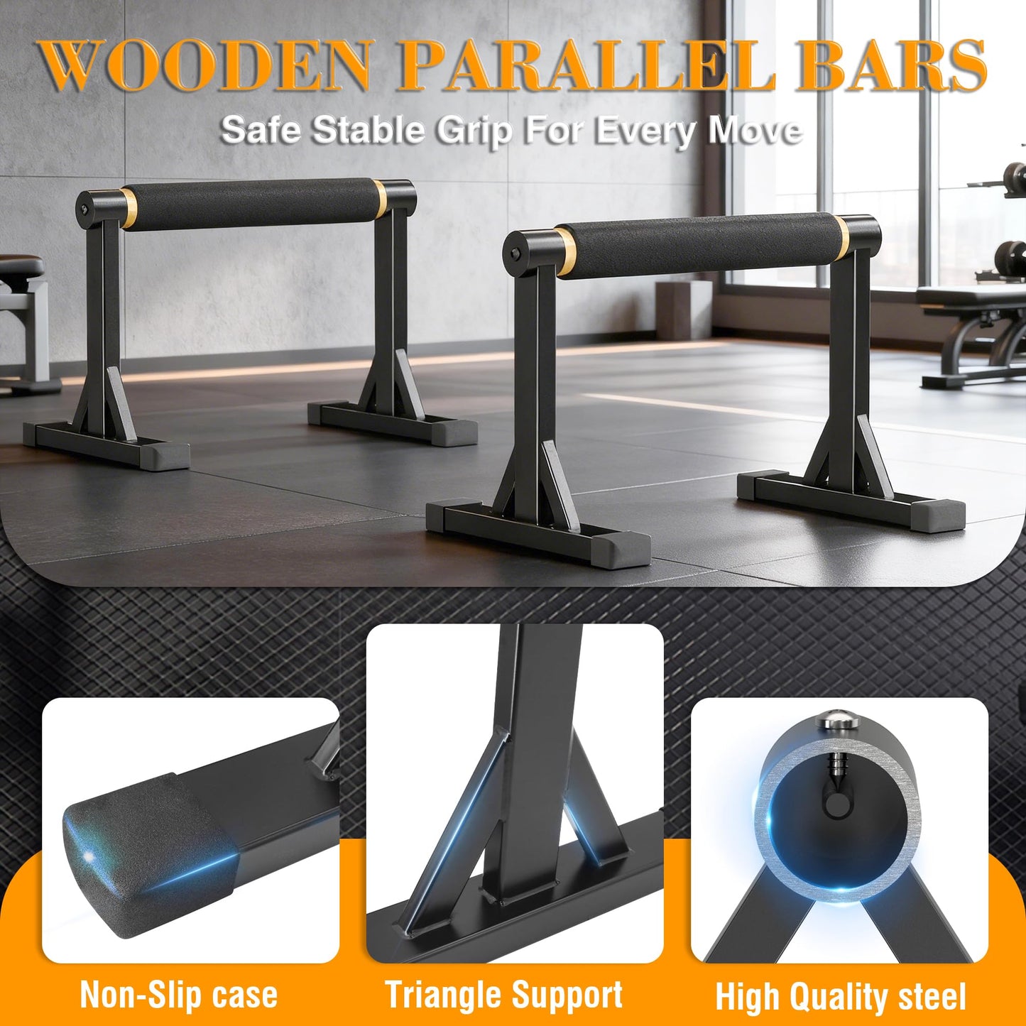 12" Wooden Parallel Bar and Dip Bar with Non-Slip Handles, Rock-Free Fitness Equipment for Handstands, L-Sits, Gymnastics and Strength Training for Home Gym, 600lbs Capacity