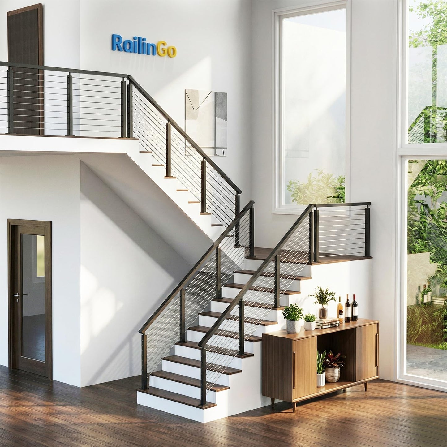 RailinGo Aluminum Extension Connector for Rectangular Handrail, Black Powder Coated Straight Sleeve for Cable Railing Handrail System, Flat Handrail Accessories, Black Wire Railing Kits, RG50