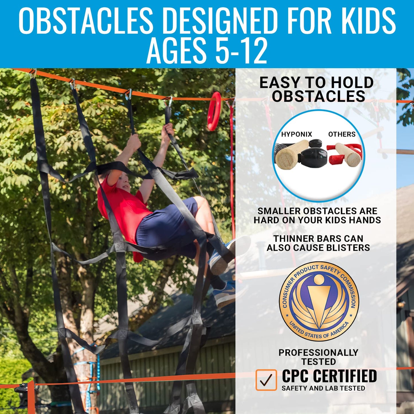 Hyponix Ninja Warrior Obstacle Course for Kids – 2 x 60 ft Slackline with 13 Outdoor Ninja Obstacles, Supports 880lbs – Monkey Net, Ratchet-Tight Tech, Climbing, Swinging & Balance Training, Ages 3+