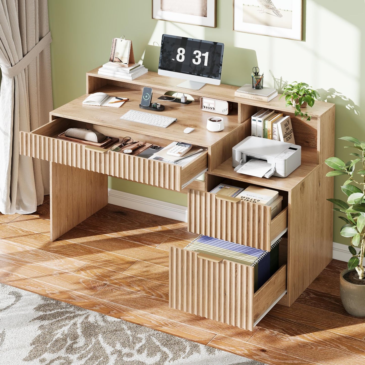 Vabches Fluted Computer Desk with Drawers, Home Office Desk with Power Outlets, Printer Stand and Storage Cabinet, Study Writing Desks with Long Monitor Stand, Oak