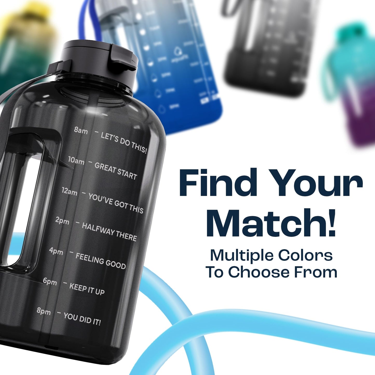 AQUAFIT Half Gallon Water Bottle with Time Marker - Straw & Chug Lid - BPA Free Gym Water Bottle with Straw - Big Gallon Jug (Blue, 64 oz - 2 Lids)
