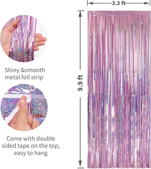 Crosize 7 Pack Laser Pink Foil Fringe Backdrop Curtains - 3.3 x 9.9 ft Tinsel Streamers for Parties | Photo Booth Decor