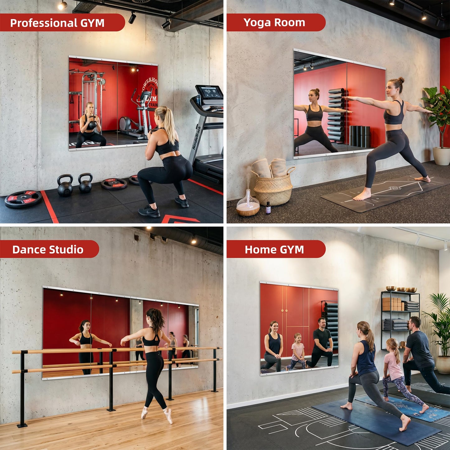 AMOISE Home Gym Mirror for Wall, 48"x28"-2PCS Frameless Tempered Glass Mirror, Large Full Length Mirror for Garage, Workout, Yoga Room, Dance Studio & Home Exercise