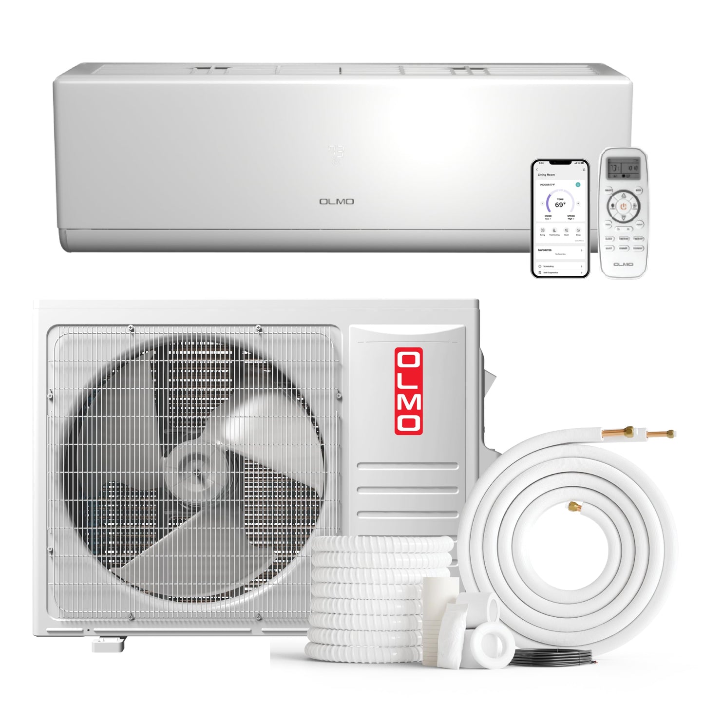 OLMO 12,000 BTU 230V Mini Split AC Heat Pump, Ductless Wall Mount - 20 SEER2 - Smart Kit & 16FT Installation Kit Included - Pre-Charged with R-32-1 Ton Inverter System