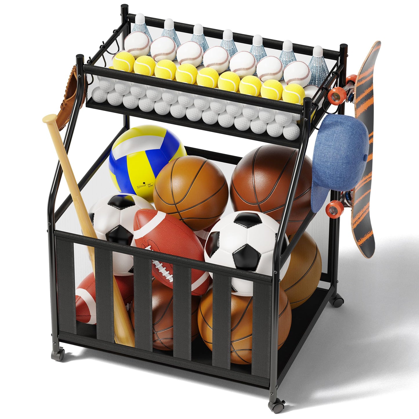 CACHOLIV Garage Sports Equipment Organizer with Wheels - Garage Ball Storage with Elastic Rope and 6 Hooks - Home Gym Storage for Basketball Soccer - Outdoor Storage Rack for School Playground (Black)