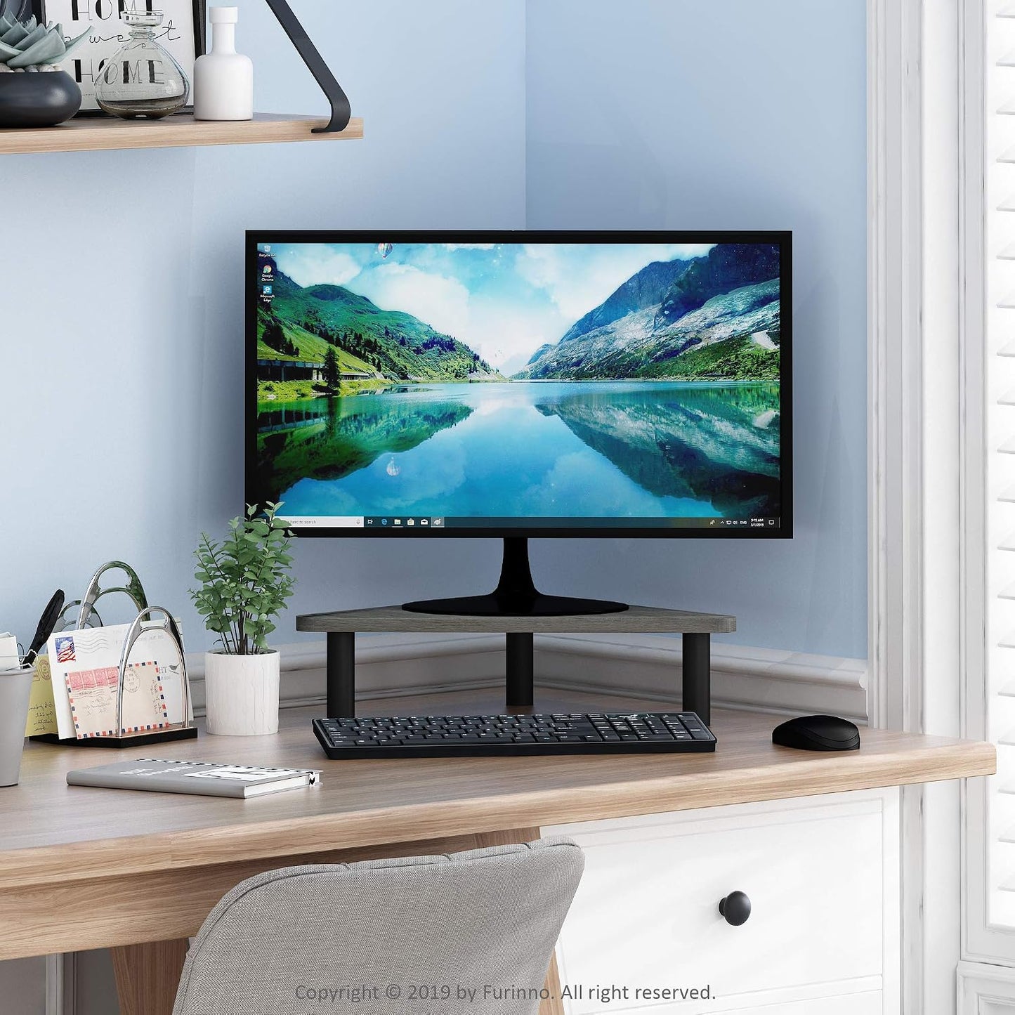 Furinno Corner Monitor Stand - French Oak Grey/Black