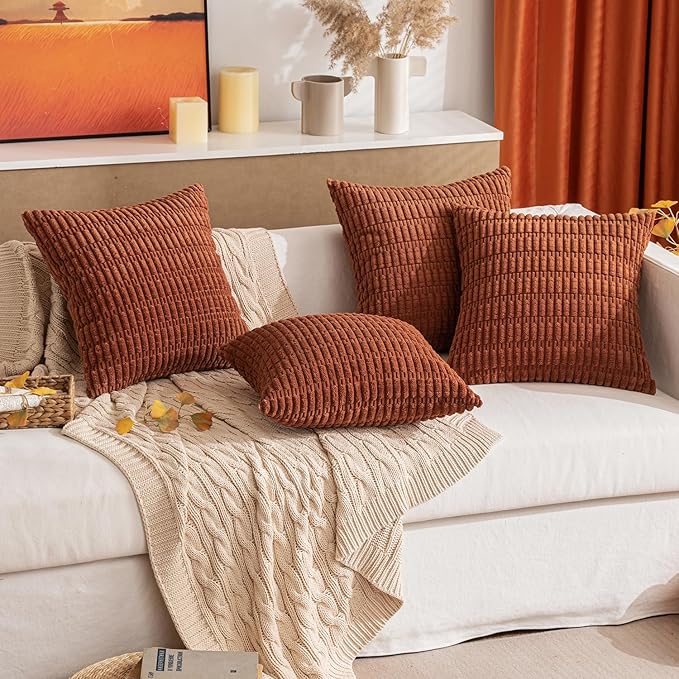 MIULEE Pack of 2 Dark Rust Corduroy Decorative Pillow Covers 16x16 Inch Soft Boho Striped Throw Pillow Covers Modern Farmhouse Home Decor for Summer Sofa Living Room Couch Bed