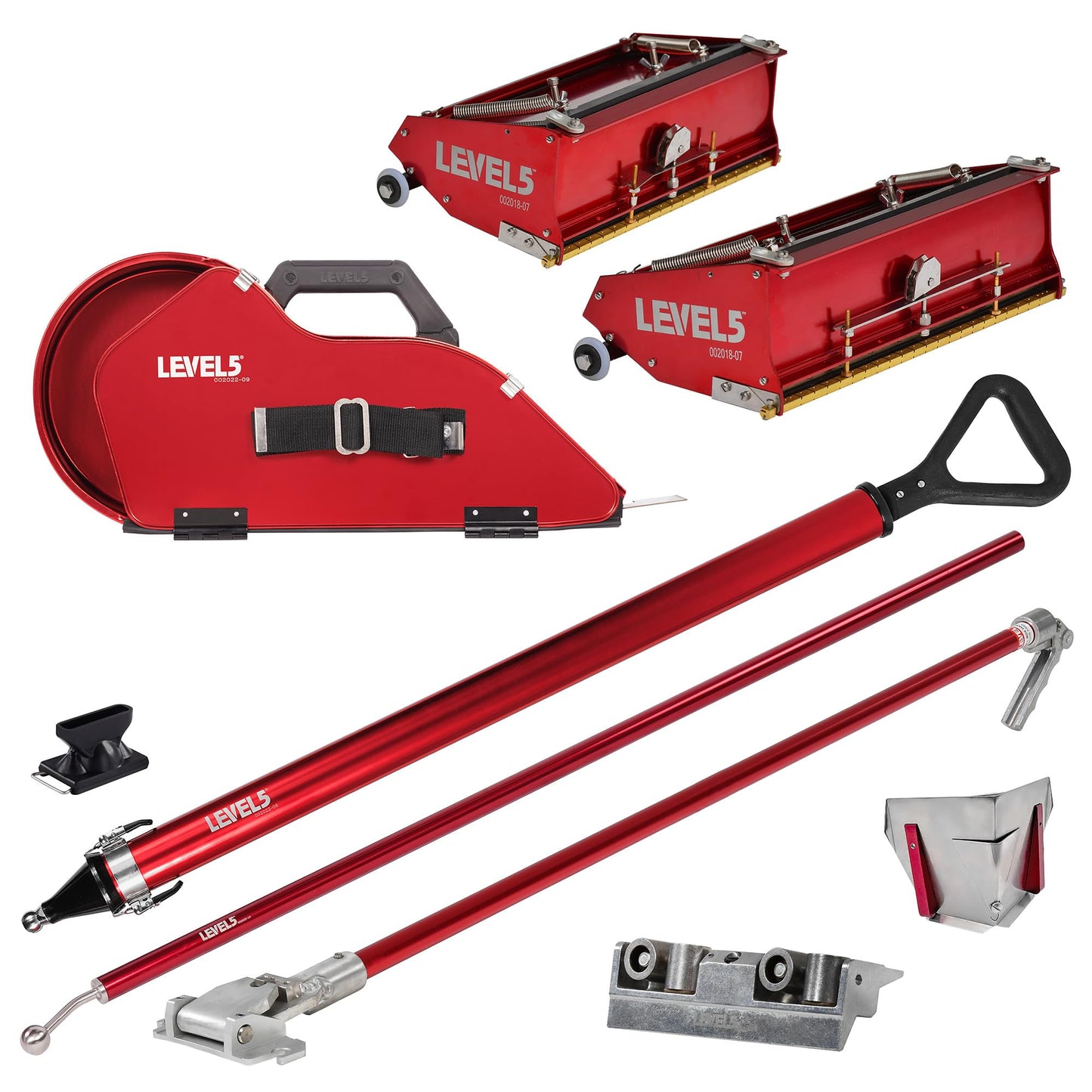 LEVEL5 Semi-Automatic Tool Set | Pro-Grade | Banjo Taping Tool, Compound Tube, 10/12" Flat Boxes, Corner Roller, 3.5" Flusher and Handles | Sheetrock Gyprock Wallboard | 4-650