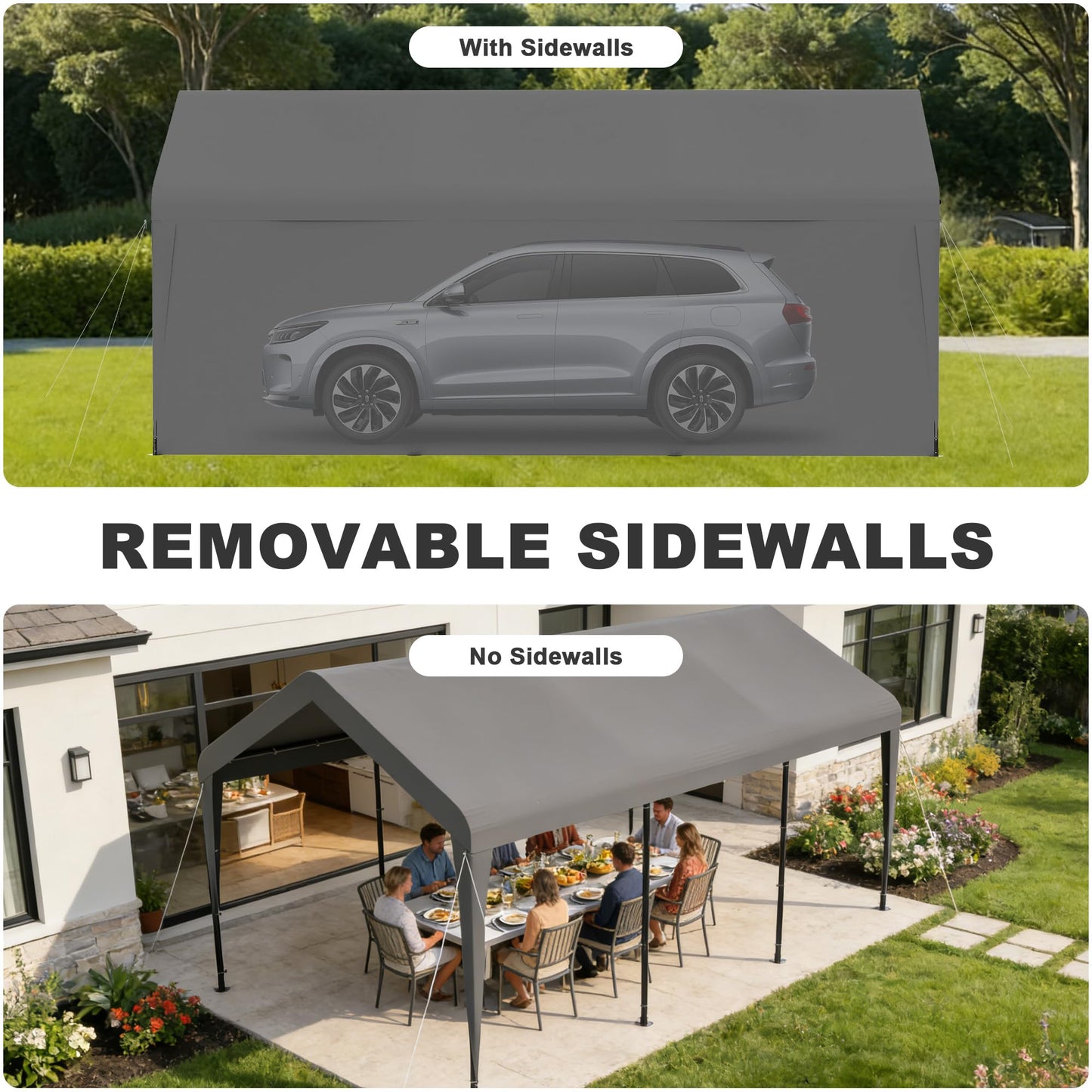 Carport 10 x 20 FT Heavy Duty, Portable Garage Canopy, Waterproof Car Canopy with Side-Opening Removable Door, Carport Canopy for Car, Truck, Boat, Equipment (Grey)