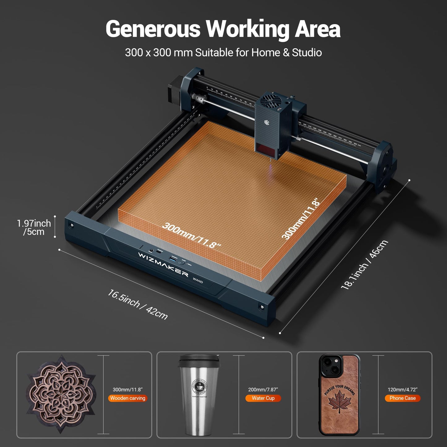 WIZMAKER 12W Laser Engraver Machine, Portable Carving Machine, 300x300mm Carving Area, 0.1mm High-Precision DIY Production, Suitable for Wood, Metal, Acrylic and Other Materials