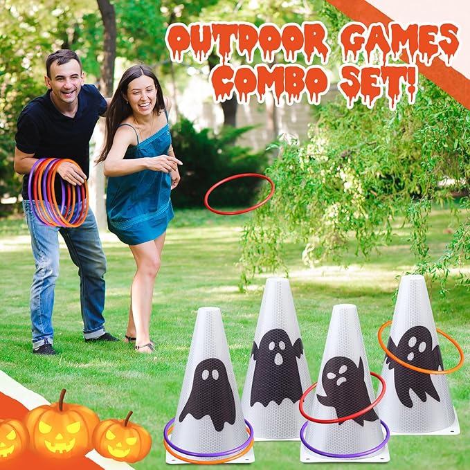 Leitee 6 Sets Candy Corn Ring Toss Game Plastic Cones Ring Toss Combo Set Mini Traffic Cones Toss Game for Sports Training Garden Backyard Outdoor Activities