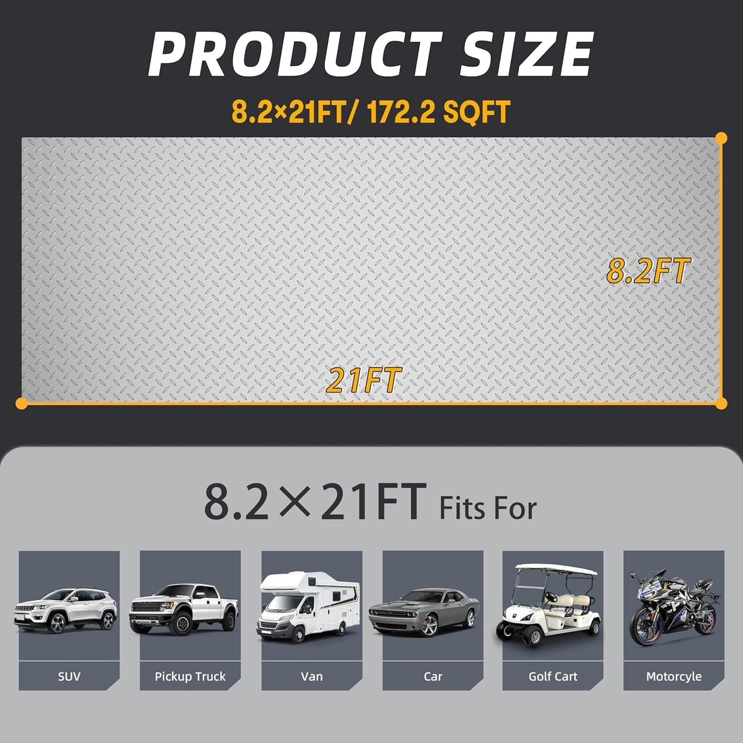 LulnCush 8.2x21 FT Floor Mat, 2.8mm 172.2 SQFT Non-Slip Diamond Plate PVC Garage Shop Parking Mat, Heavy Duty Flooring Roll for Workshop, RV Trailer, Golf Cart, Waterproof. Gray