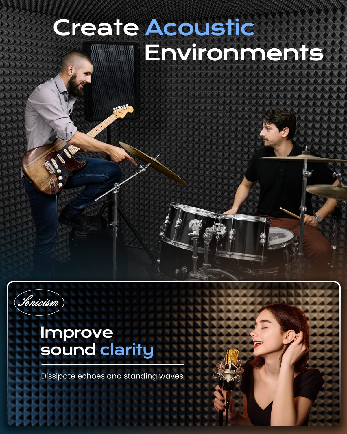 Sonicism Sound Proof Foam Panels for Walls Self-Adhesive 64 Pack Pyramid 2"X 12"X 12" Acoustic Panels 35kg/m³High Density,Soundproof Wall Panels Fast Expand,Sound Absorption and Decoration,Black