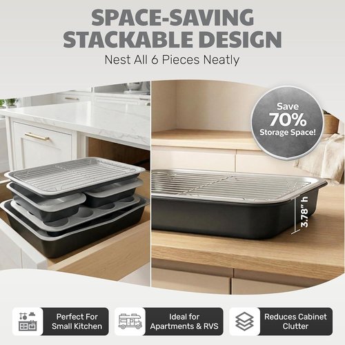 Gotham Steel 6-Piece Stackable Baking Pans Set | Space-Saving Ceramic Bakeware, Non-Toxic & Dishwasher Safe