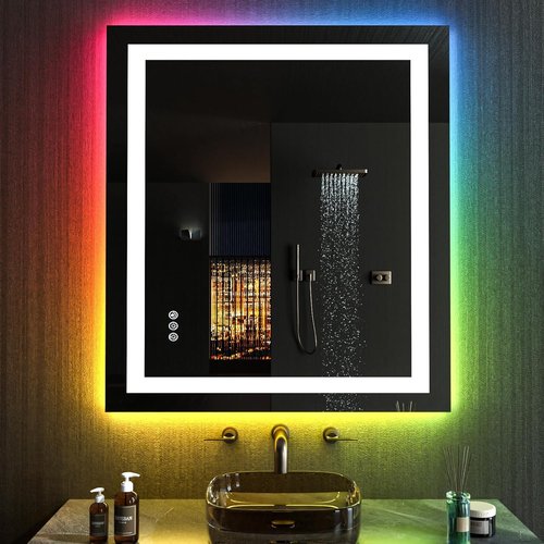 LOAAO LED Bathroom Mirror - 28" X 32" Dimmable, Anti-Fog, RGB Backlit with Memory Function