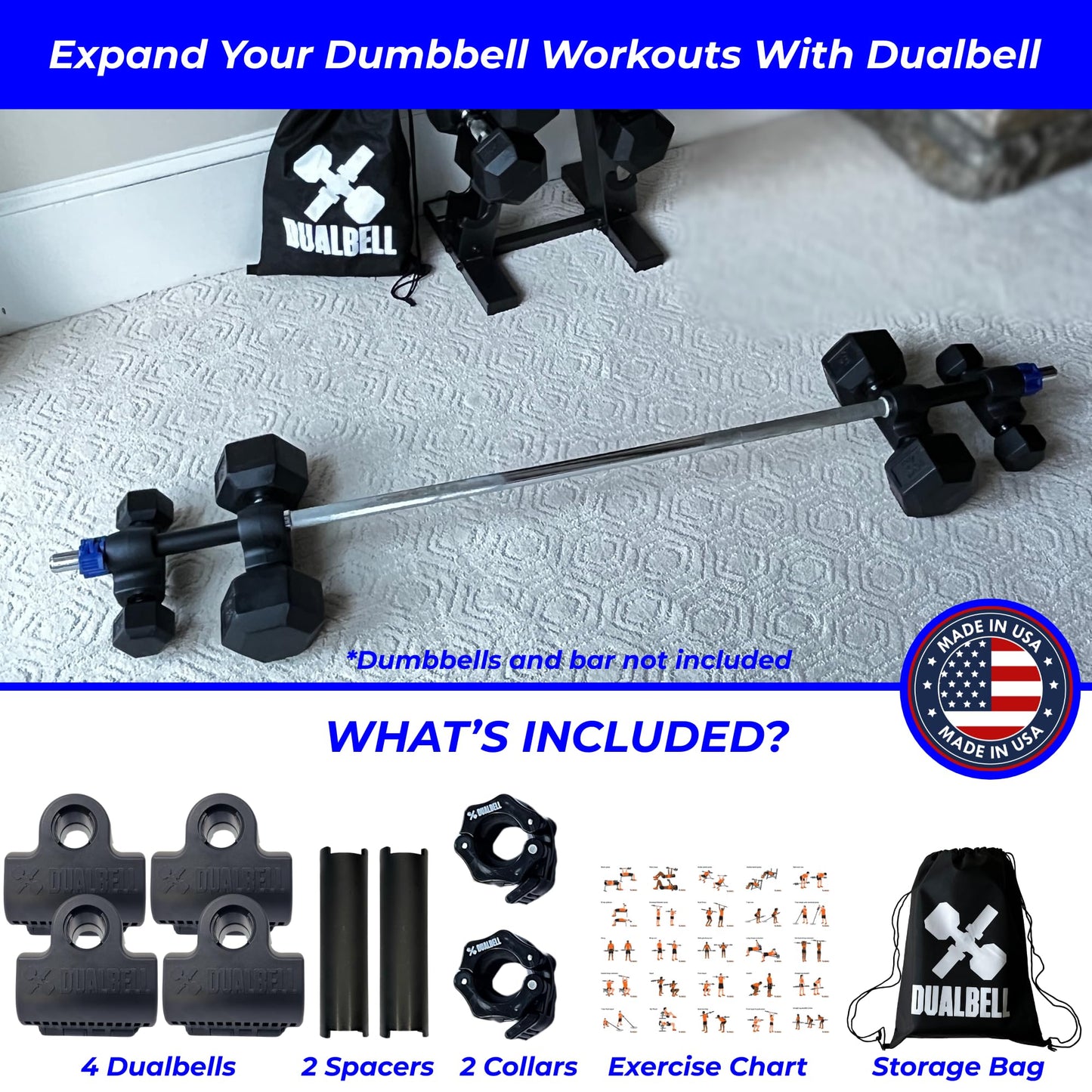 DUALBELL Superset Black w/black weight collars- for 1"bar Dumbbell to Barbell Adapters - Connect dumbbells to a 1" standard diameter bar to use in place of weight plates- 500lbs max capacity