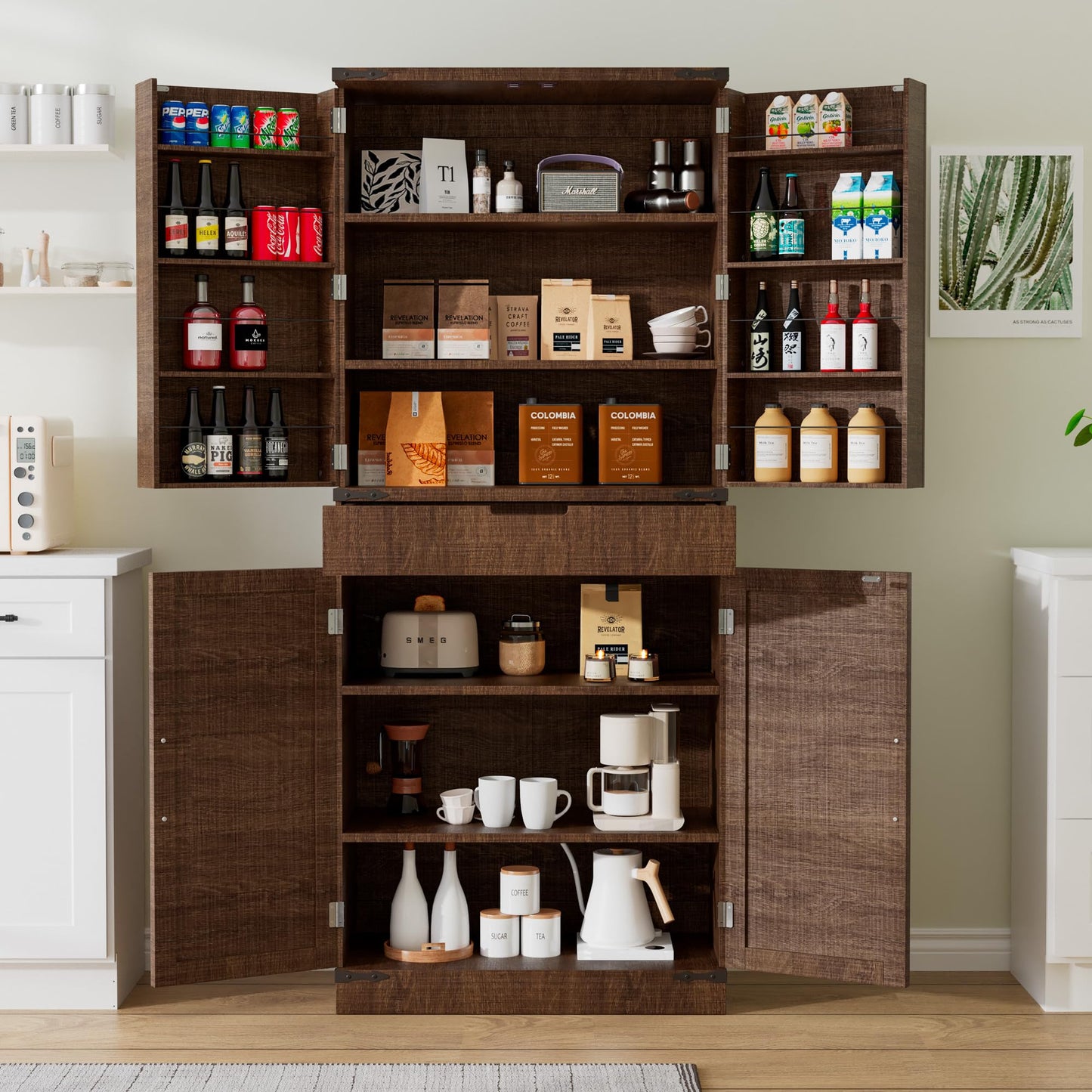 GRUSIGN 72" Kitchen Pantry Storage Cabinet with Doors and Shelves, Wood Farmhouse Pantry Storage with Barn Doors for Kitchen, Dining Room, Living Room, Dark Brown