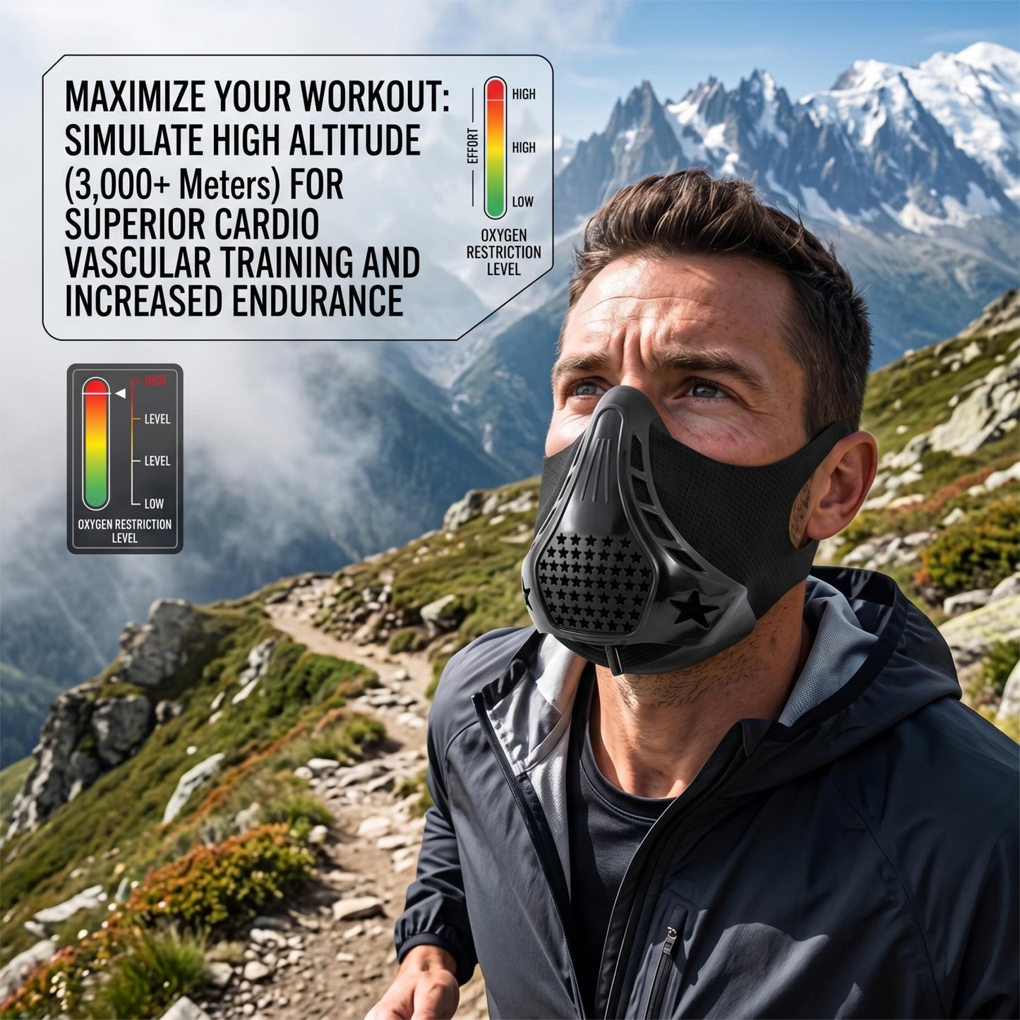 Otbushit High Altitude Training Mask, Black, Adjustable Resistance for Efficient Workouts, Boost Lung Capacity