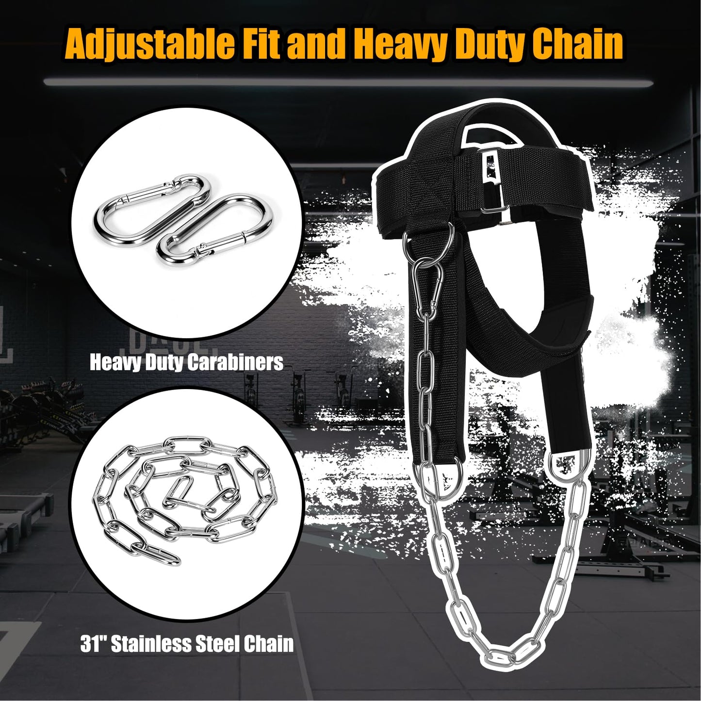 Neck Harness Weight Lifting, Portable Neck Exerciser for Neck Muscle Builder and Pain Relief, Adjustable Soft Padded Chin & Head Strap, Heavy Duty Stainless Steel Chain